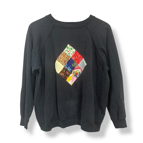 Vintage Tops - Vintage Patchwork Sweatshirt Black Size Large Quilt Patch One-Of-A-Kind Unique
